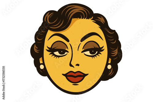 Retro vintage female emoticon with glamorous stylish makeup, sophisticated smiling face, editable emoji illustration, classic woman portrait vector with pearl earrings, transparent background