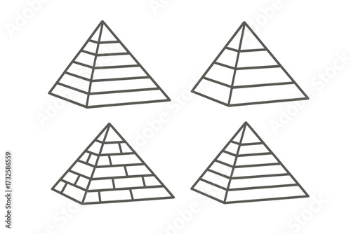 Pyramid outline vector signs drawn with thin lines, simple linear geometric pyramid illustrations for stores, shops, banners, design, abstract ancient architecture, transparent background