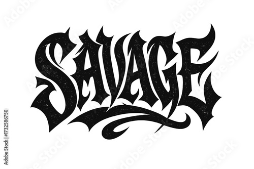 Savage slogan tee print design with distorted modern gothic graffiti style and grunge lettering word, edgy typography art, flat vector illustration for embroidery and apparel