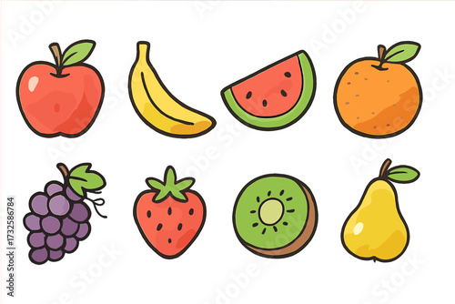 Colorful set of 8 hand-drawn fruit doodles with watercolor texture, vector icons including apple, banana, watermelon, orange, grapes, strawberry, kiwi, and pear, fresh healthy food illustration