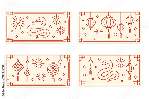 Chinese New Year 2026 banners with red geometric linear art, traditional snake designs, lanterns, fireworks, and festive decorations, Lunar New Year celebration concept