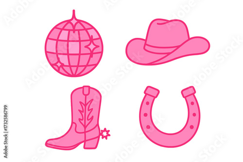 Set of cowgirl accessories in Wild West style with disco ball, cowboy boots, pink hat, and horseshoe. Bright pink female fashion, flat contour design, Barbiecore aesthetics, western theme.