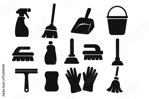 Silhouette set of essential cleaning tools icons for household chores, vector cartoon illustration with transparent background, mop, broom, bucket, gloves, sponge, brush, plunger, dustpan