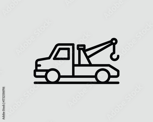 Simple line art icon of a tow truck on a gray background