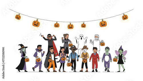 Halloween Gathering: A collection of children, each adorned in a unique costume, stand side by side, their festive attire illuminated by the glow of jack-o'-lanterns.