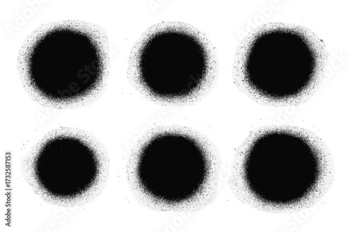 Spray painted grunge dots black paint splatter circle shapes, messy urban graffiti street art texture, isolated vector illustration, rough ink blot pattern, stencil design