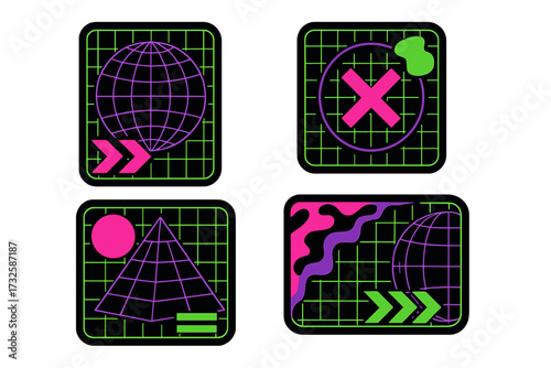Techno streetwear print design templates in vivid Y2K brutalist style with neon color grid abstract elements, geometric shapes, retro futuristic vector collection for fashion and graphic projects