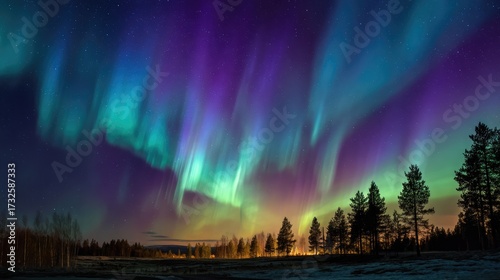 Wallpaper Mural Northern lights above the arctic coniferous forest. Beautiful polar Aurora Borealis colourful lights in the night sky Torontodigital.ca
