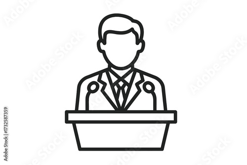 Vector icon of politician speaking at podium with microphones, leadership concept, public speaking outline, professional speaker, transparent background, leadership and communication symbol
