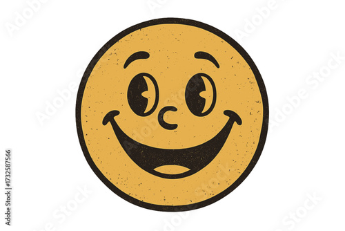 Vintage retro cute emoticon smiley face with happy joyful expression, vector emoji icon, classic nostalgic smile, textured illustration on transparent background