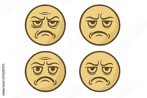 Vintage retro disapproval emoticon face set, angry emoji smiley vector icons, expressive emotional faces, hand-drawn cartoon illustration, transparent background, four angry expressions collection