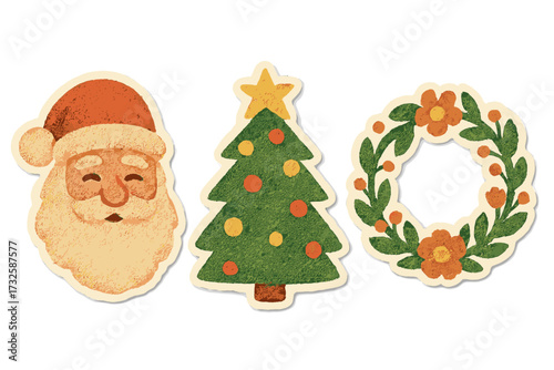 Vintage halftone torn paper stickers set with warm Santa Claus face, decorated Christmas tree with star, and floral wreath in naive clay style, retro dotted vector illustration for holiday seasons