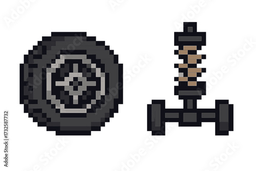 Pixel style wheel and suspension icon set, vector cartoon illustration of car parts, automotive mechanical components, transparent background, pixel art vehicle symbols