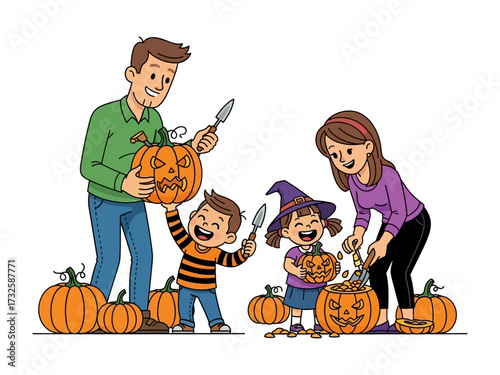 Family carving pumpkin: A joyous family working together to carve pumpkins for Halloween, captured in a heartwarming illustration of unity and the spirit of the season.