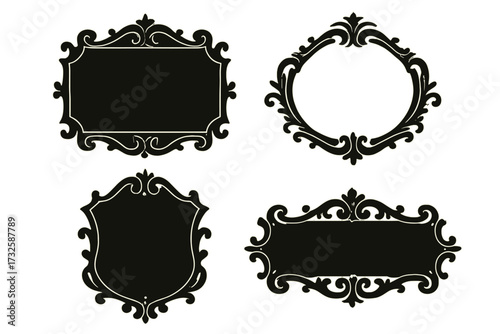 Decorative vintage frame set with ornate scrollwork and elegant baroque elements for text borders and design accents, classic ornamental label collection