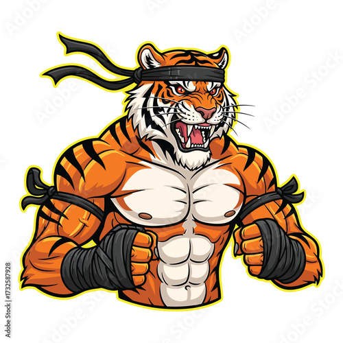 Fierce muscular tiger warrior with headband and bandages