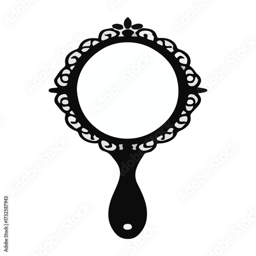 An isolated tennis racket and a magnifying glass with a black handle on a white background