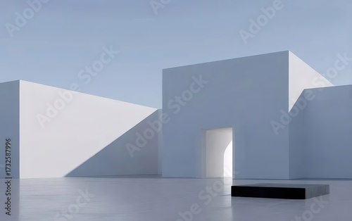 白い幾何学的構造のミニマリストデザインと柔らかい青い空