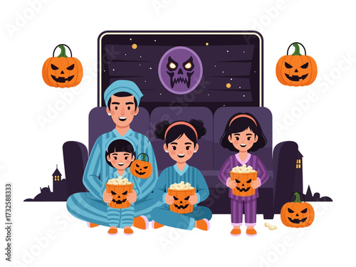 Family Halloween Movie Night: A heartwarming illustration of a family enjoying a cozy Halloween movie night, complete with jack-o'-lanterns and popcorn. This scene embodies the spirit of autumn fun.