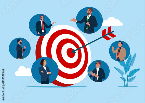 Target and dart with businessman team. Business strategy. Customer attraction campaign, accurate promo, advertising. Concentrate on purpose. action plan. Modern vector illustration in flat style.