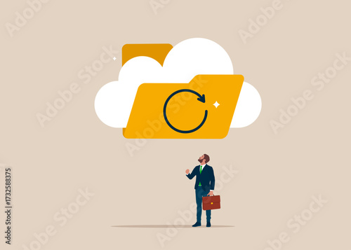Cloud storage in yellow folder. Organize document files into archive folders, service. Vector flat illustration. 