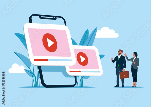 Playing video with video channel online mobile phone. Channel streaming, subscription. Audio, movie, media player interface. Vector flat illustration 