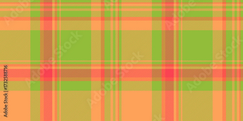 Sexual tartan check fabric, occupation background texture textile. 1960s seamless pattern vector plaid in green and orange colors.