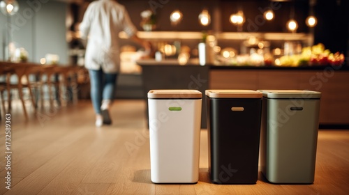 Three Modern Trash Cans In A Cozy Cafe Kitchen With Warm Lighting And Busy Background