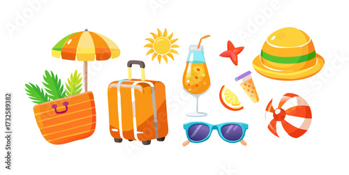 Summer vacation icons set featuring bright orange suitcase with hat, pineapple wearing sunglasses, striped beach chair, colorful beach ball, fruity popsicle, shining sun symbol, and refreshing tropica