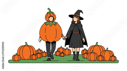 Halloween couple embracing a shared festive moment. A delightful illustration of a pair, donned in festive costumes, celebrating Halloween and joy. 