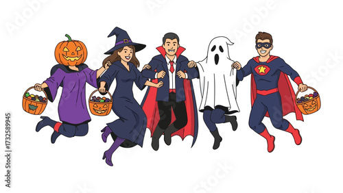 Halloween Costume Party: A whimsical illustration captures a lively Halloween celebration, showcasing an array of characters dressed in festive costumes.