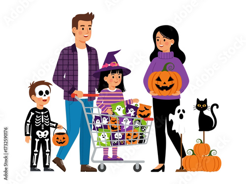 Spooky Shopping: A family of four prepares for Halloween, the mother holding a carved pumpkin as the child wear costumes, the shopping cart is overflowing with treats.