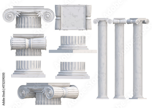 Ionic pilaster capitals assets, top, some bottom, different direction vector objects created by 3D modeling marble material.