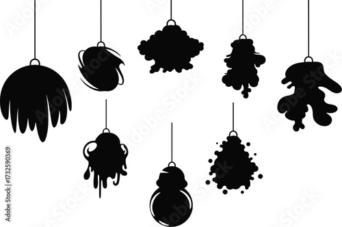 Abstract hanging ink blot ornament vector illustration with artistic black shapes, decorative modern design, creative suspended pattern for backgrounds and posters