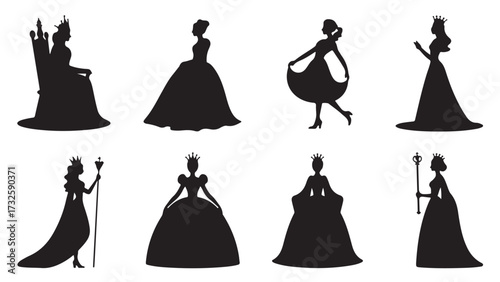 Set of princess silhouettes elegant vector illustrations of fairytale characters isolated on white background