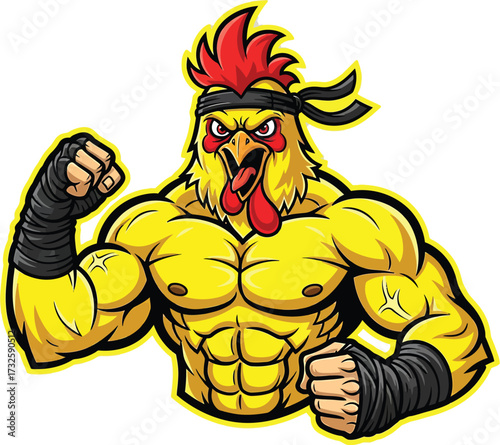 Fierce muscular cartoon chicken warrior ready to fight mascot logo