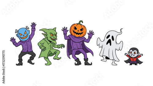 Spooky Squad: A whimsical collection of Halloween figures dancing playfully in a cartoonish style, featuring a playful ensemble of monsters. 
