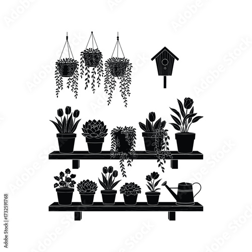 Collection of various potted plants hanging and on shelves with a birdhouse and watering can