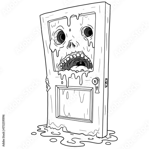 Distorted door with a skull face and dripping slime for Halloween  