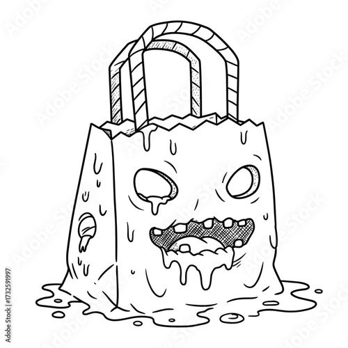 Cartoonish melting Halloween bag with spooky face and dripping goo  