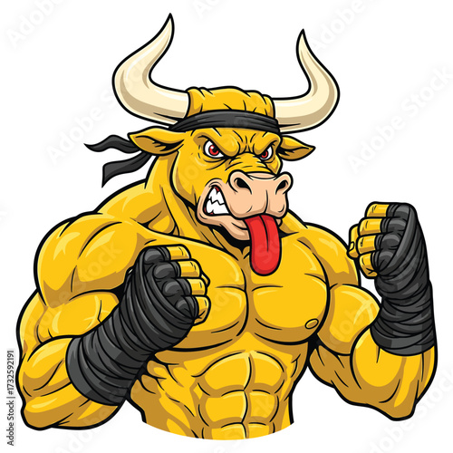 Aggressive muscular bull character with boxing gloves and headband