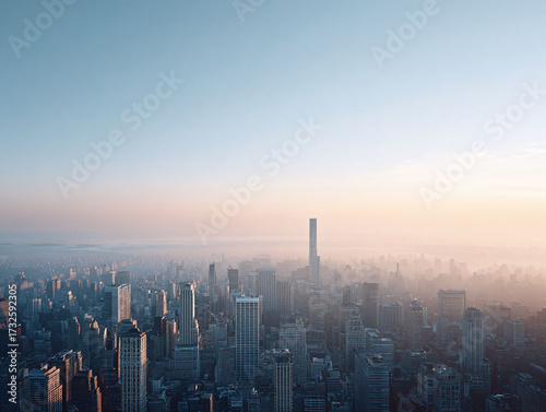 Aerial cityscape at dawn, shrouded in a gentle mist. Captures ambition, urban density,  new beginnings. Ideal for travel, finance, and lifestyle content.
