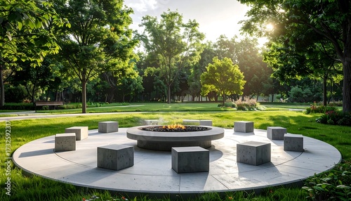 Circular outdoor fire pit surrounded by seating in a park