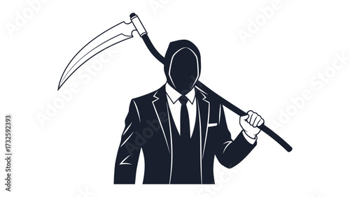 Dark Figure in Formal Attire: A monochrome representation of a figure in formal attire, shrouded in a hooded cloak and bearing a sickle, evokes themes of mystery and intrigue.