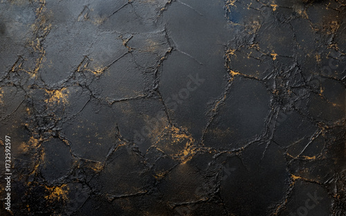 Black grunge cement wall texture for pattern and background. Black with golden veins effect concrete wall