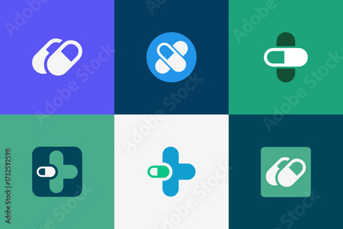 Pharmacy Medicine Logo Bundle - Modern Medical Cross Pill Brand Identity Vector Set