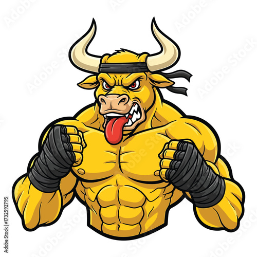 Aggressive muscular bull character with boxing gloves and headband