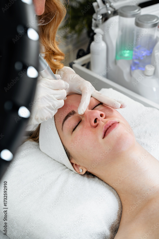Naklejka premium Young woman receiving hydra facial treatment for exfoliation, rejuvenation and hydration of her face skin. Modern facial hydro micro dermal abrasion peeling beauty procedure. Hydra vacuum cleaner.