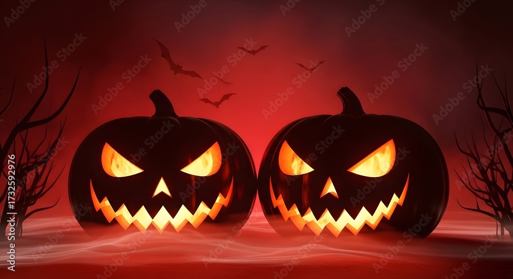 Naklejka premium Sinister glowing jackolanterns illuminate the eerie night. Bats fly above, creating a spooky Halloween feel.