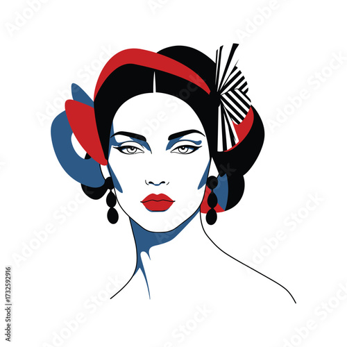 Elegant woman with red lips and abstract hair ornament in bold red blue and black colors